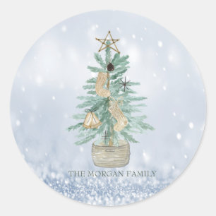 Watercolor Pine Tree Merry Christmas Blue Bokeh Classic Round Sticker