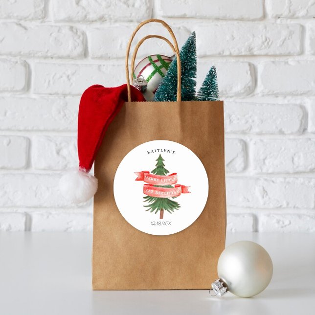 Watercolor Pine Tree Merry Little Birthday Classic Round Sticker (Creator Uploaded)