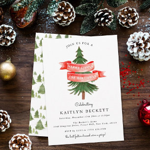 Watercolor Pine Tree Merry Little Birthday Invitation