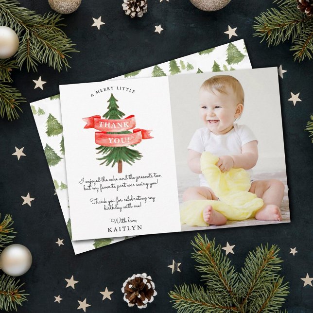 Watercolor Pine Tree Merry Little Birthday Photo Thank You Card (Creator Uploaded)