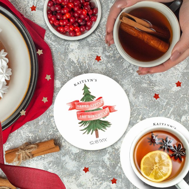 Watercolor Pine Tree Merry Little Birthday Round Paper Coaster (Creator Uploaded)