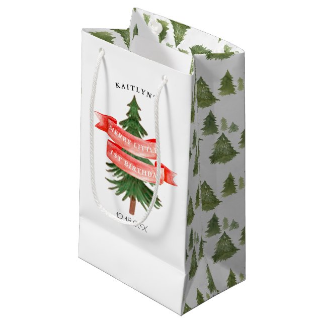 Watercolor Pine Tree Merry Little Birthday Small Gift Bag (Front Angled)