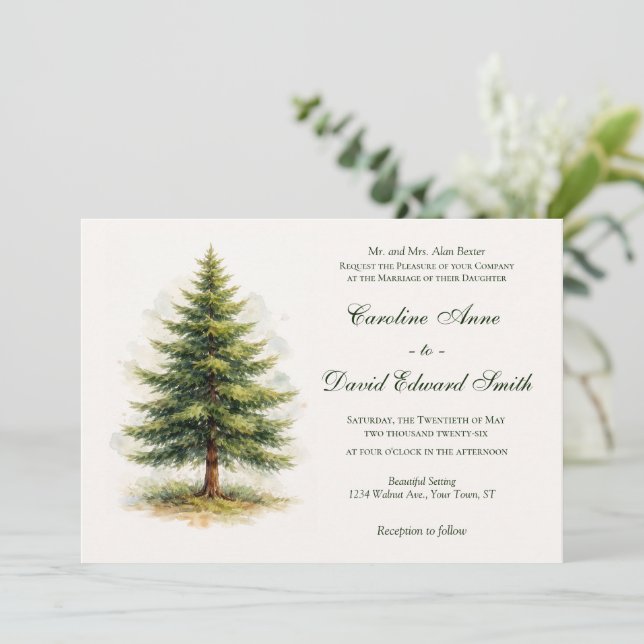 Watercolor Pine Tree Minimalist Wedding Invitation (Standing Front)