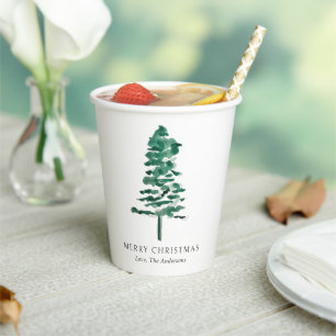 Watercolor Pine Tree Modern Christmas Paper Cups