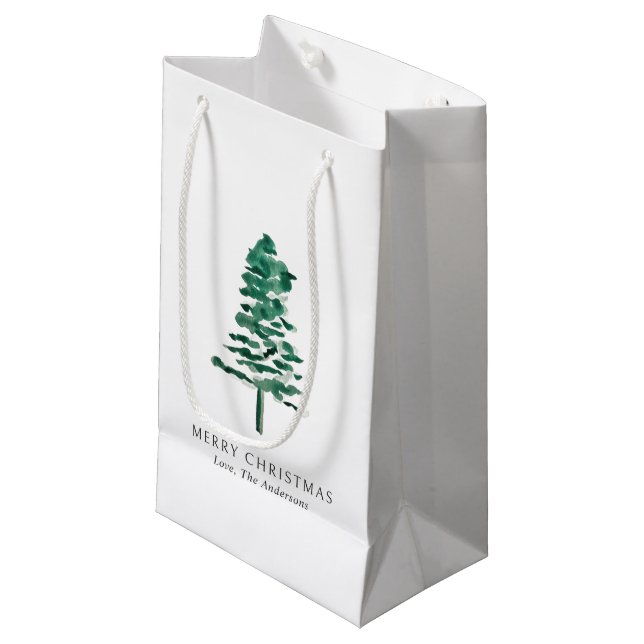 Watercolor Pine Tree Modern Christmas Small Gift Bag (Front Angled)
