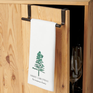 Watercolor Pine Tree Modern Christmas Tea Towel