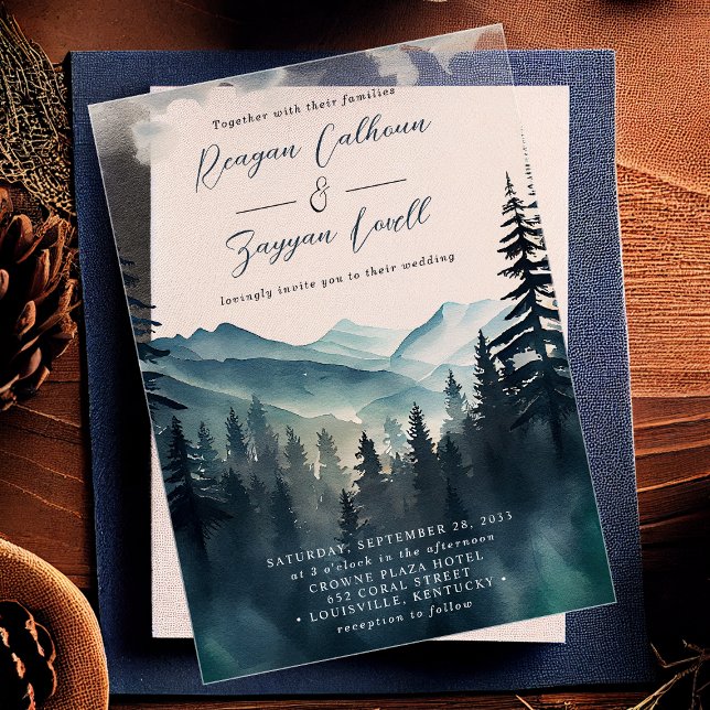 Watercolor Pine Tree Mountain Calligraphy Wedding Acrylic Invitations (Creator Uploaded)
