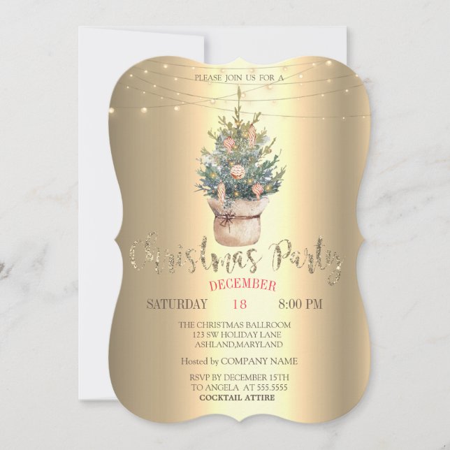 Watercolor Pine Tree,Ornaments Gold Christmas Invitation (Front)
