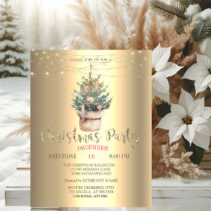 Watercolor Pine Tree,Ornaments Gold Christmas Invitation