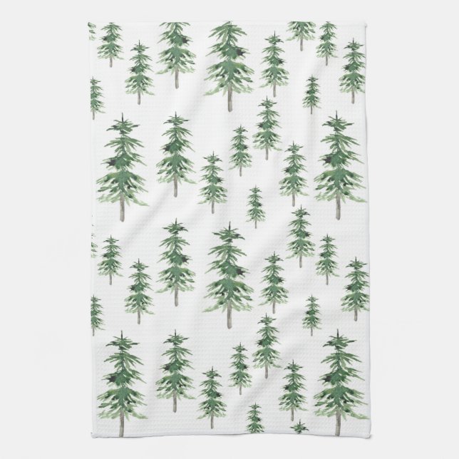 Watercolor Pine Tree Pattern Tea Towel (Vertical)