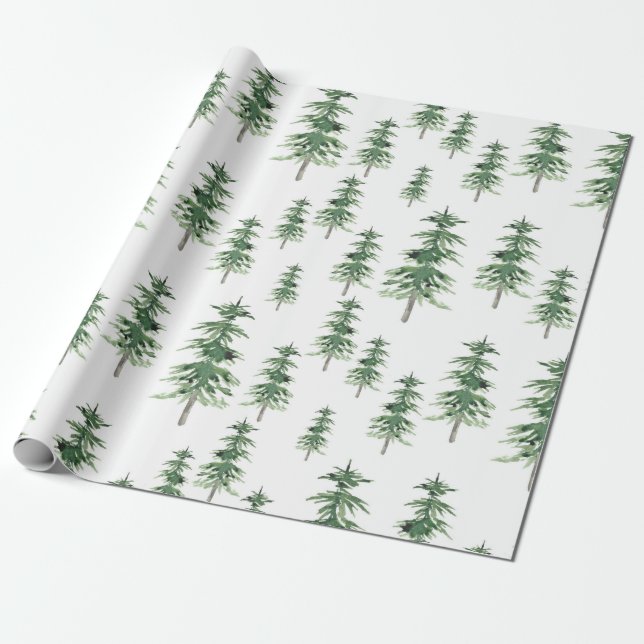 Watercolor Pine Tree Pattern Wrapping Paper (Unrolled)