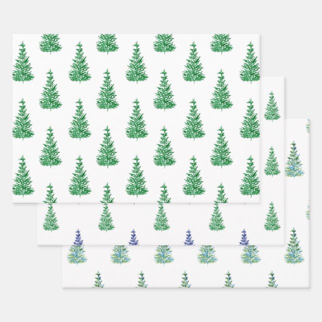Watercolor Pine Tree Patterns Wrapping Paper Sheet (Set)
