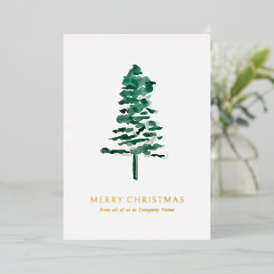 Watercolor Pine Tree Photo Business Christmas Foil Holiday Card