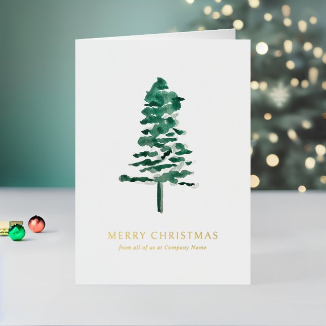 Watercolor Pine Tree Photo Business Christmas Foil Holiday Card (Holiday In Situ 2)