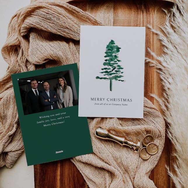 Watercolor Pine Tree Photo Business Christmas Holiday Card (Creator Uploaded)