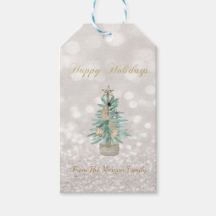 Watercolor Pine Tree, Star Glitter Bokeh Gift Tags