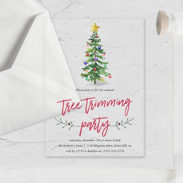 Watercolor Pine Tree Trimming Holiday Party Acrylic Invitations (Creator Uploaded)