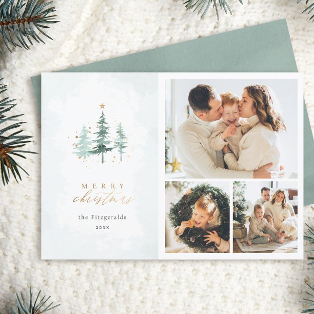 Watercolor Pine Trees 3 Photo Collage Christmas Holiday Card (Creator Uploaded)