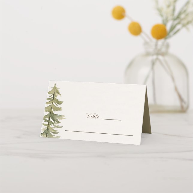 Watercolor Pine Trees Bible Verse Wedding Place Card (Front)