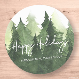 Watercolor Pine Trees Business Happy Holidays Classic Round Sticker