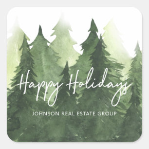 Watercolor Pine Trees Business Happy Holidays Square Sticker