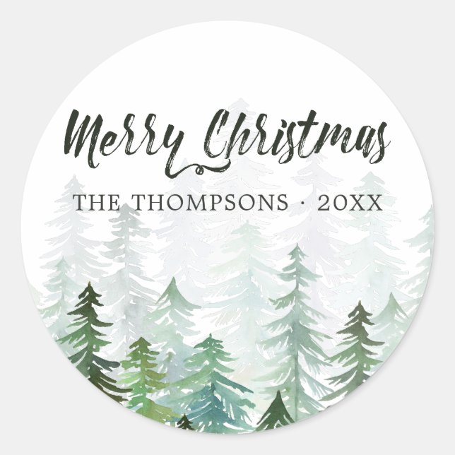 Watercolor Pine Trees Christmas Classic Round Sticker (Front)