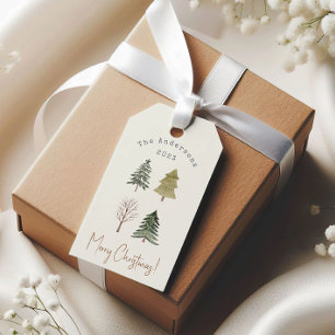 Watercolor Pine Trees Christmas Family Photo Gift Tags