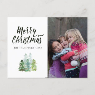 Watercolor Pine Trees Christmas Photo Announcement Postcard