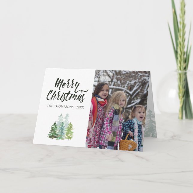 Watercolor Pine Trees Christmas Photo Holiday Card (Front)