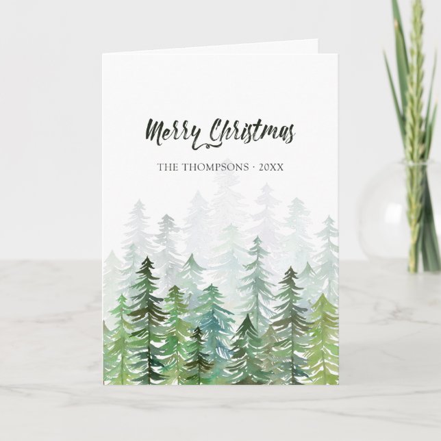 Watercolor Pine Trees Christmas Photo Holiday Card (Front)