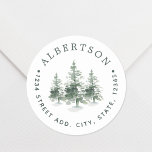 Watercolor Pine Trees Family Name Return Address Classic Round Sticker<br><div class="desc">Custom designed circular return address labels/stickers featuring watercolor pine trees design. Personalise with family name and address. Perfect for decorating holiday envelopes,  cards,  DIY gifts,  and more!</div>