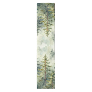 Watercolor Pine Trees foggy forest Short Table Runner