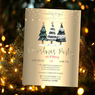 Watercolor Pine Trees Gold Christmas Company  Invitation