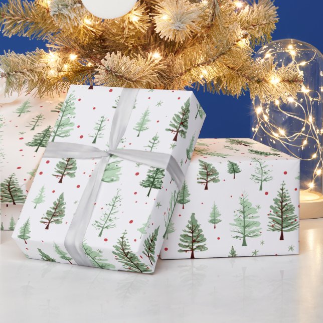 Watercolor Pine Trees Greenery Christmas Holiday  Wrapping Paper (Holidays)