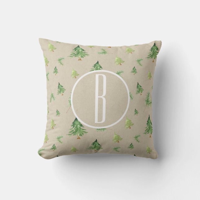 Watercolor Pine Trees Kraft Monogram initial Cushion (Front)