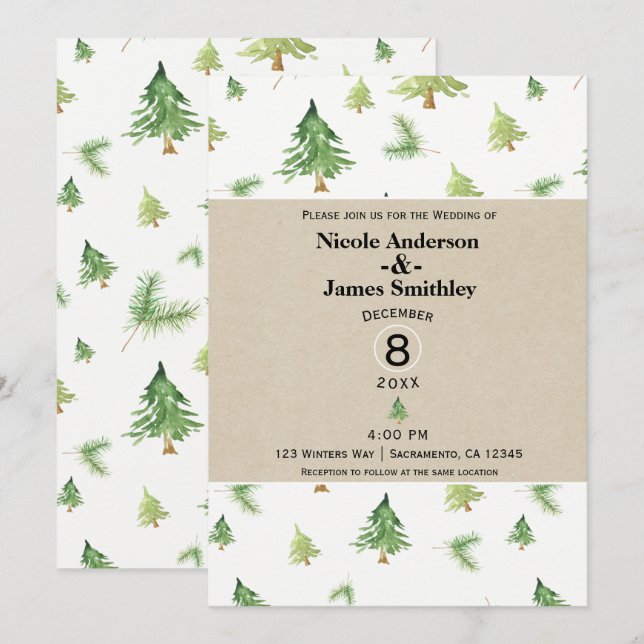 Watercolor Pine Trees Kraft & White Rustic Wedding Invitation (Front/Back)