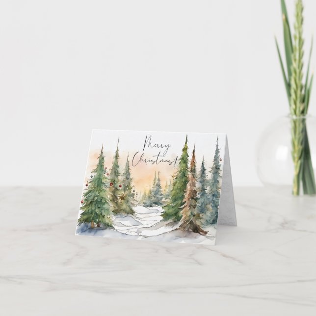 Watercolor Pine Trees Merry Christmas   Holiday Card (Front)