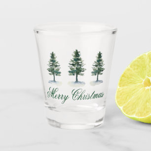 Watercolor Pine Trees Merry Christmas Shot Glass