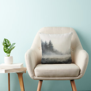 Watercolor Pine Trees Misty LandscapeThrow Pillow