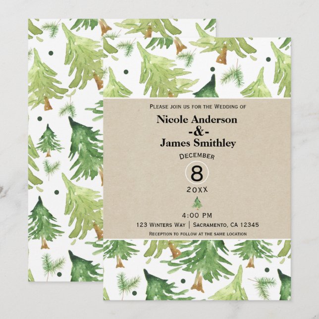 Watercolor Pine Trees Modern Rustic Kraft Wedding Invitation (Front/Back)