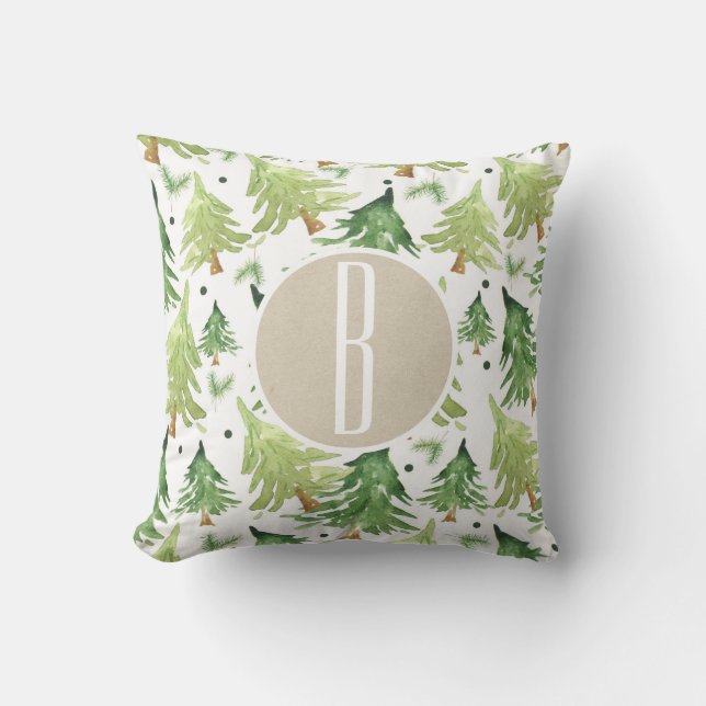 Watercolor Pine Trees Modern Rustic Monogram Kraft Cushion (Front)
