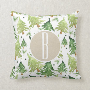 Watercolor Pine Trees Modern Rustic Monogram Kraft Cushion