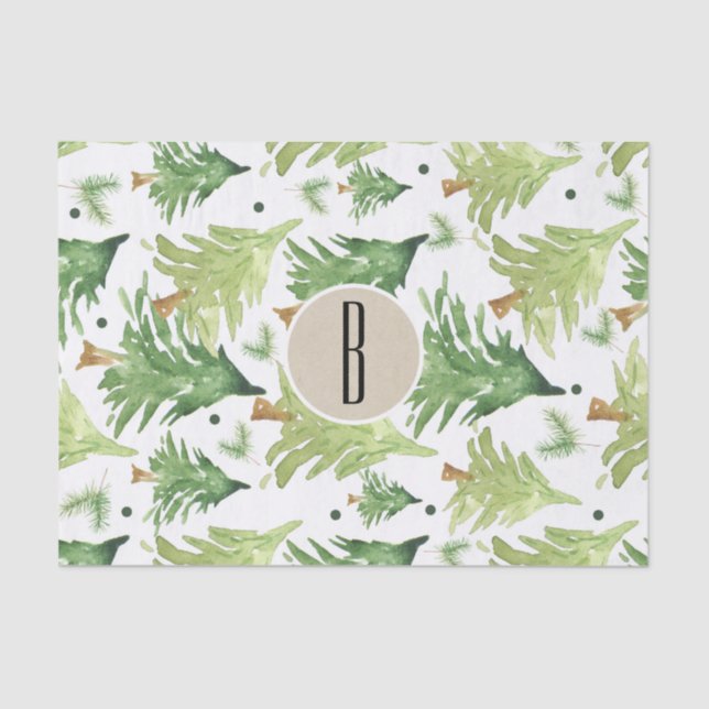 Watercolor Pine Trees Modern Rustic Monogram Kraft Tissue Paper (Front)