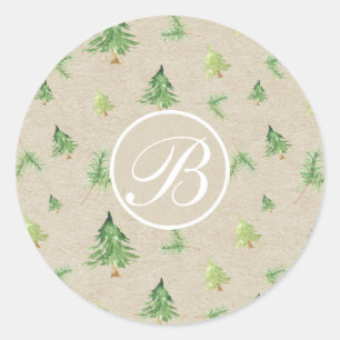 Watercolor Pine Trees Monogram Initial Party Favou Classic Round Sticker