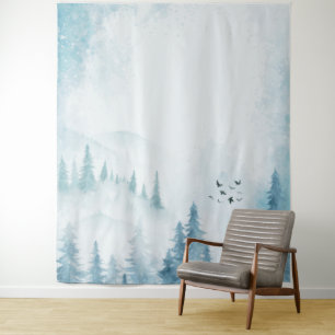 Watercolor Pine Trees Mountain Tapestry