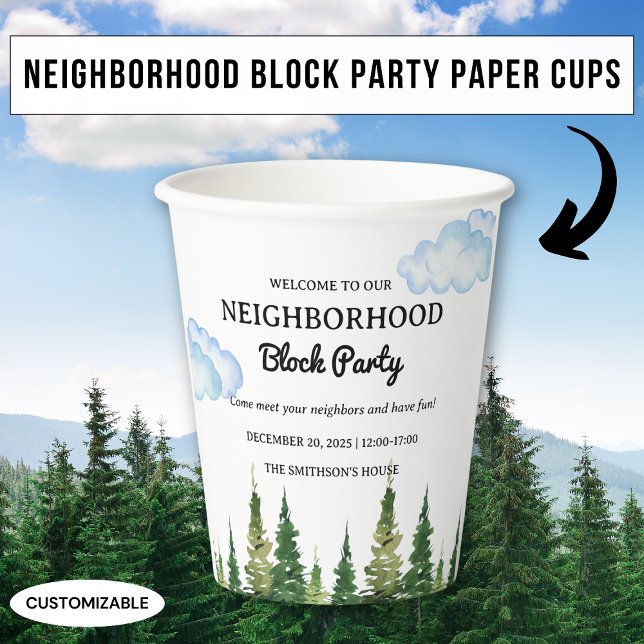 Watercolor Pine Trees Neighbourhood Block Party Paper Cups (Creator Uploaded)