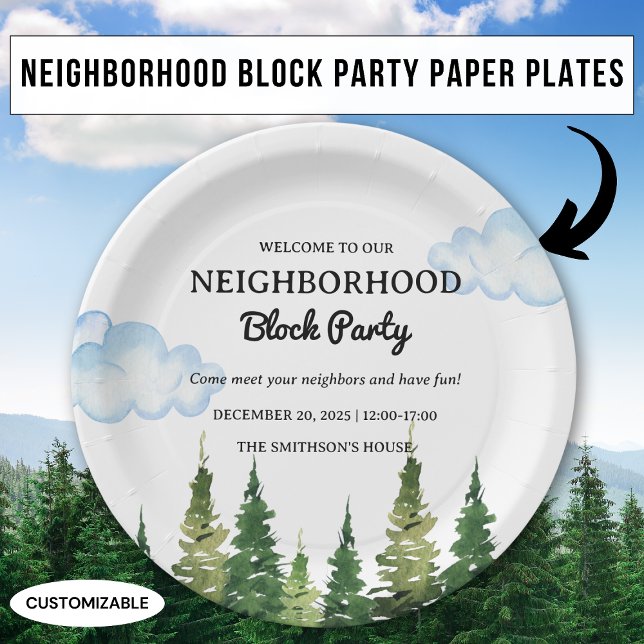 Watercolor Pine Trees Neighbourhood Block Party Paper Plate (Creator Uploaded)
