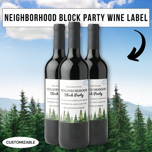 Watercolor Pine Trees Neighbourhood Block Party Wine Label (Creator Uploaded)