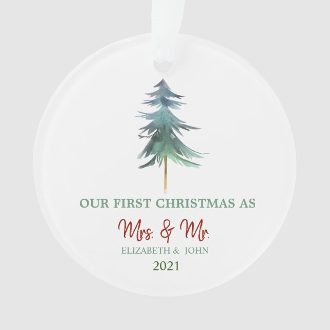 Watercolor Pine Trees Our First Christmas Holiday Ornament (Front)