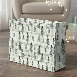 Watercolor Pine Trees Plaid Christmas Gift Bag   S